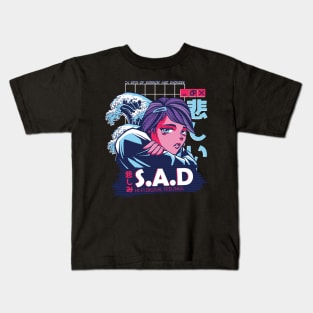 Japanese Sad Girl Anime Vaporwave Art Style Kids T-Shirt